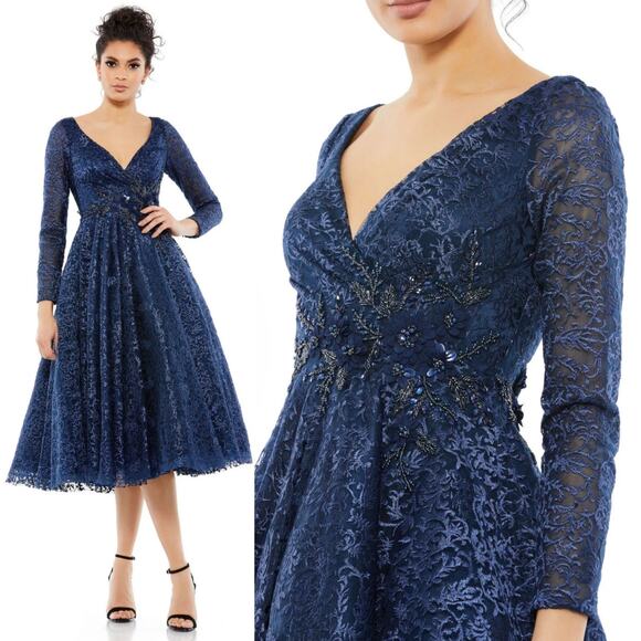 Mac Duggal 112181 Navy Blue 4 Floral Long Sleeve Midi Tea V Formal Gown Dress - Picture 1 of 11